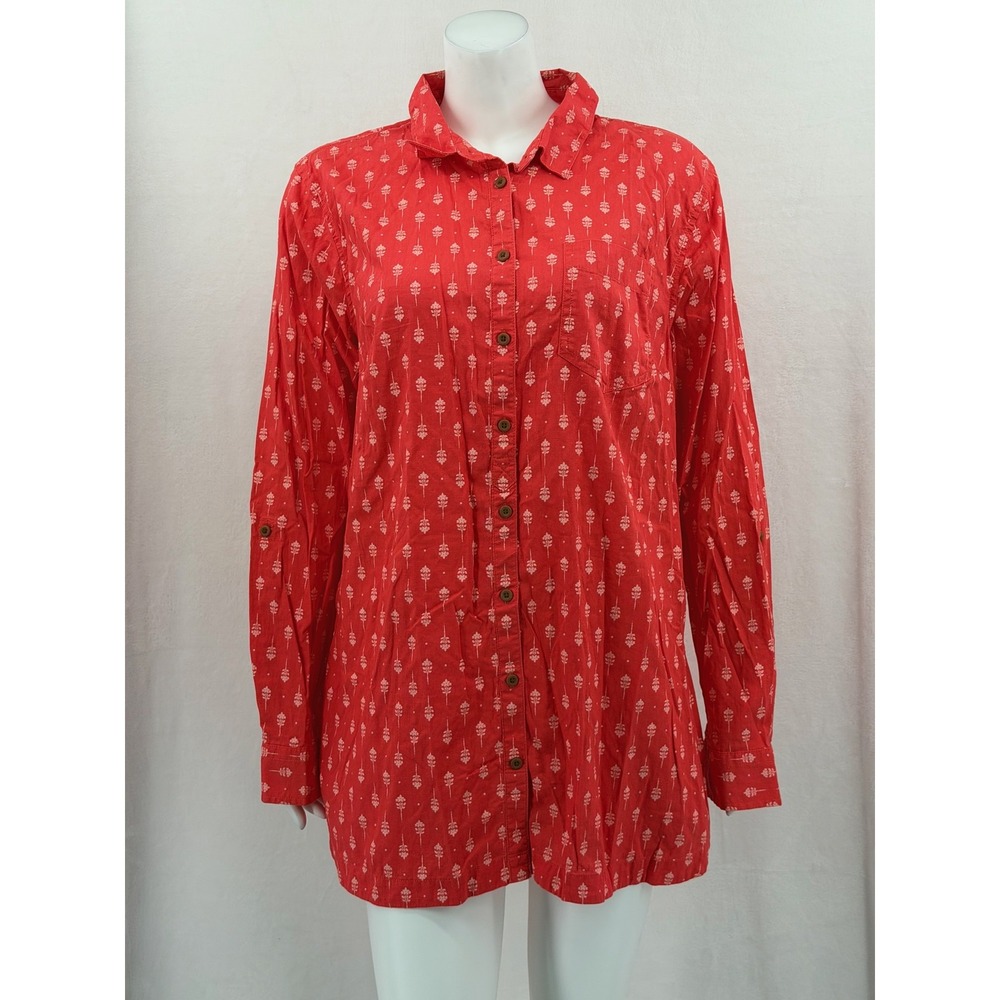 Duluth Trading Co Top Womens XL Orange Floral Boho Button Up Artisan Hemp Tunic